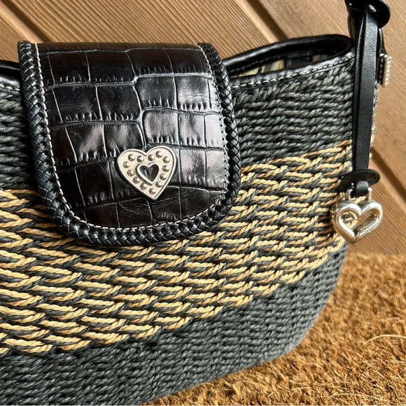 Brighton Woven Satchel Bag Purse Black Tan Straw Leather Shoulder strap - Picture 2 of 7
